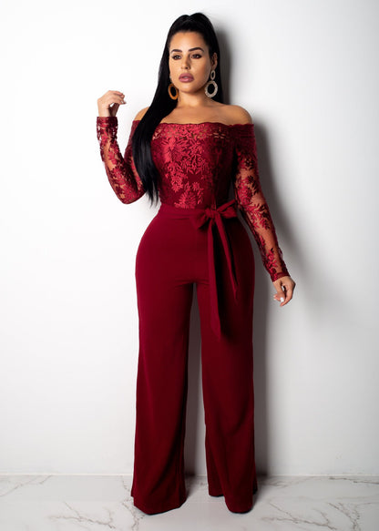 Women’s Lace Wide-Leg Jumpsuit – Elegant One-Shoulder Neck Casual Romper, European & American Style, 7 Colors