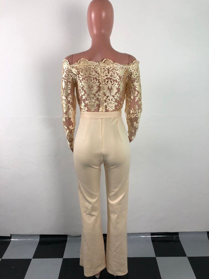 Women’s Lace Wide-Leg Jumpsuit – Elegant One-Shoulder Neck Casual Romper, European & American Style, 7 Colors