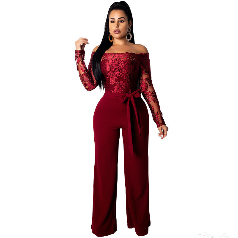 Women’s Lace Wide-Leg Jumpsuit – Elegant One-Shoulder Neck Casual Romper, European & American Style, 7 Colors