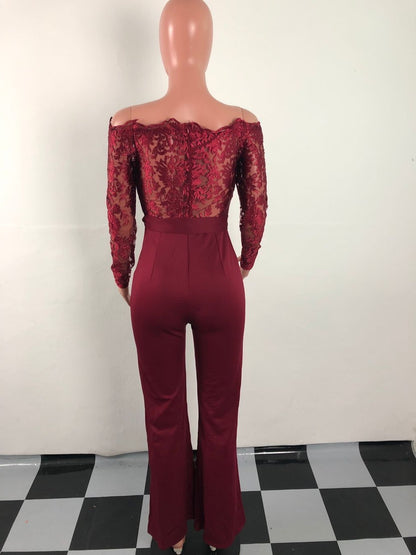 Women’s Lace Wide-Leg Jumpsuit – Elegant One-Shoulder Neck Casual Romper, European & American Style, 7 Colors