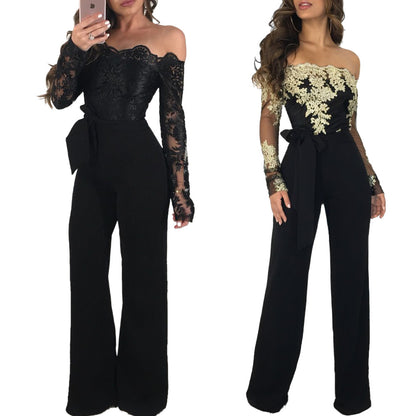 Women’s Lace Wide-Leg Jumpsuit – Elegant One-Shoulder Neck Casual Romper, European & American Style, 7 Colors