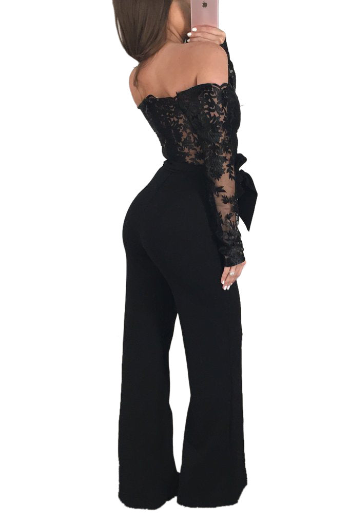 Women’s Lace Wide-Leg Jumpsuit – Elegant One-Shoulder Neck Casual Romper, European & American Style, 7 Colors