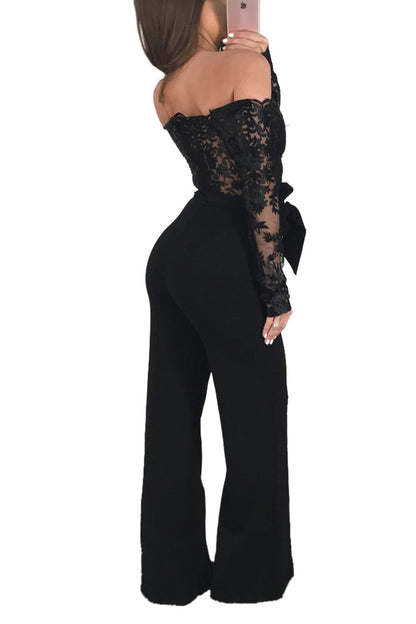 Women’s Lace Wide-Leg Jumpsuit – Elegant One-Shoulder Neck Casual Romper, European & American Style, 7 Colors