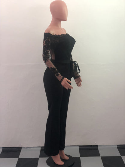 Women’s Lace Wide-Leg Jumpsuit – Elegant One-Shoulder Neck Casual Romper, European & American Style, 7 Colors