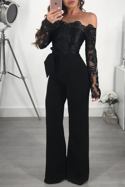 Women’s Lace Wide-Leg Jumpsuit – Elegant One-Shoulder Neck Casual Romper, European & American Style, 7 Colors