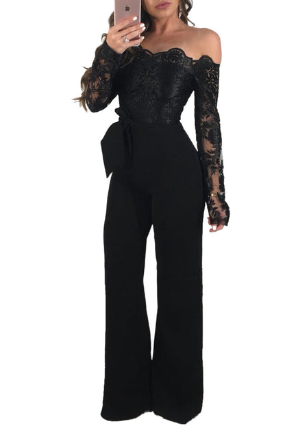 Women’s Lace Wide-Leg Jumpsuit – Elegant One-Shoulder Neck Casual Romper, European & American Style, 7 Colors