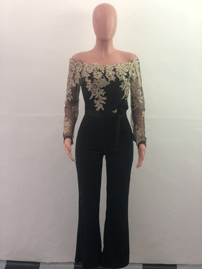 Women’s Lace Wide-Leg Jumpsuit – Elegant One-Shoulder Neck Casual Romper, European & American Style, 7 Colors
