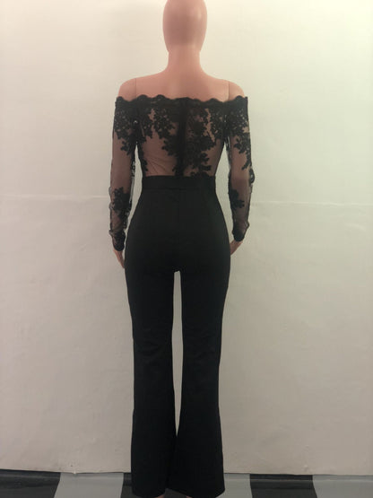 Women’s Lace Wide-Leg Jumpsuit – Elegant One-Shoulder Neck Casual Romper, European & American Style, 7 Colors
