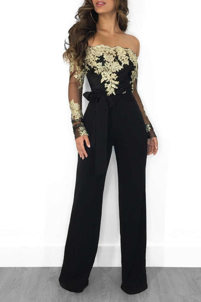 Women’s Lace Wide-Leg Jumpsuit – Elegant One-Shoulder Neck Casual Romper, European & American Style, 7 Colors