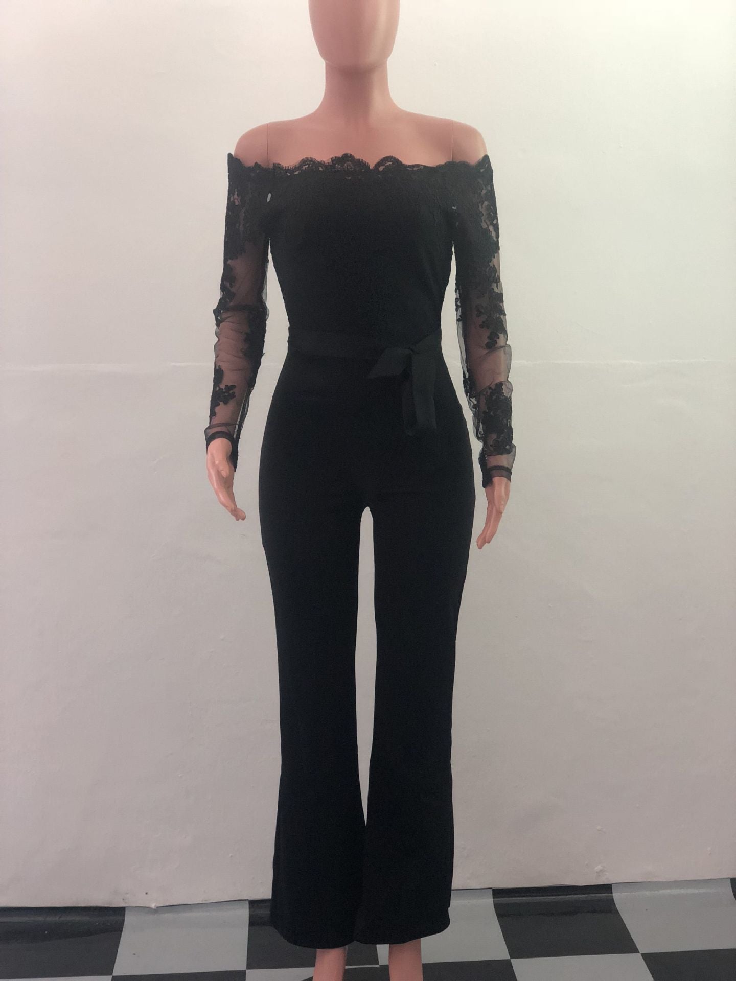 Women’s Lace Wide-Leg Jumpsuit – Elegant One-Shoulder Neck Casual Romper, European & American Style, 7 Colors