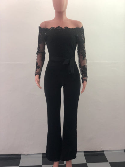 Women’s Lace Wide-Leg Jumpsuit – Elegant One-Shoulder Neck Casual Romper, European & American Style, 7 Colors