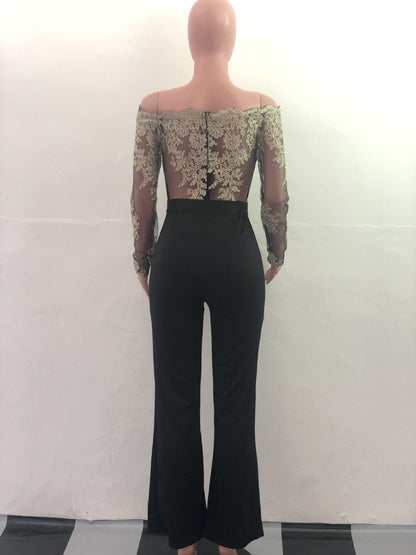Women’s Lace Wide-Leg Jumpsuit – Elegant One-Shoulder Neck Casual Romper, European & American Style, 7 Colors