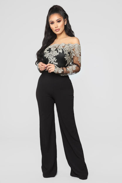Women’s Lace Wide-Leg Jumpsuit – Elegant One-Shoulder Neck Casual Romper, European & American Style, 7 Colors