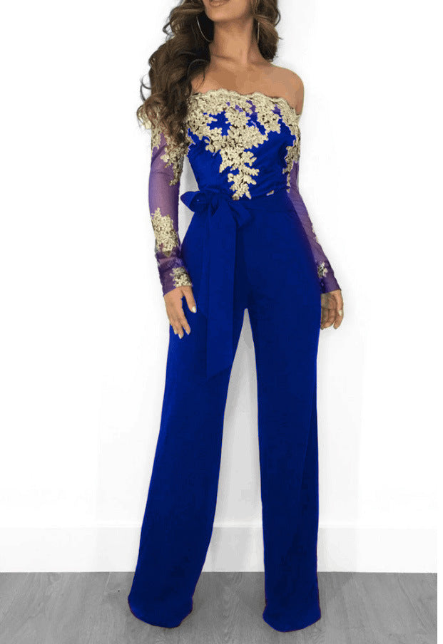 Women’s Lace Wide-Leg Jumpsuit – Elegant One-Shoulder Neck Casual Romper, European & American Style, 7 Colors
