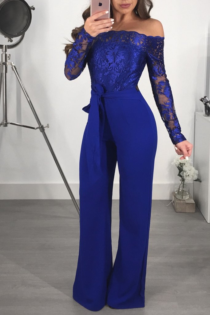 Women’s Lace Wide-Leg Jumpsuit – Elegant One-Shoulder Neck Casual Romper, European & American Style, 7 Colors