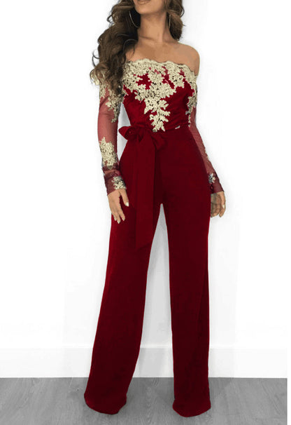 Women’s Lace Wide-Leg Jumpsuit – Elegant One-Shoulder Neck Casual Romper, European & American Style, 7 Colors