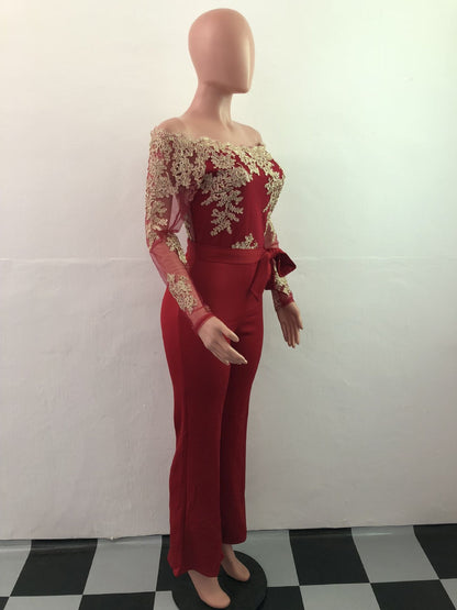Women’s Lace Wide-Leg Jumpsuit – Elegant One-Shoulder Neck Casual Romper, European & American Style, 7 Colors