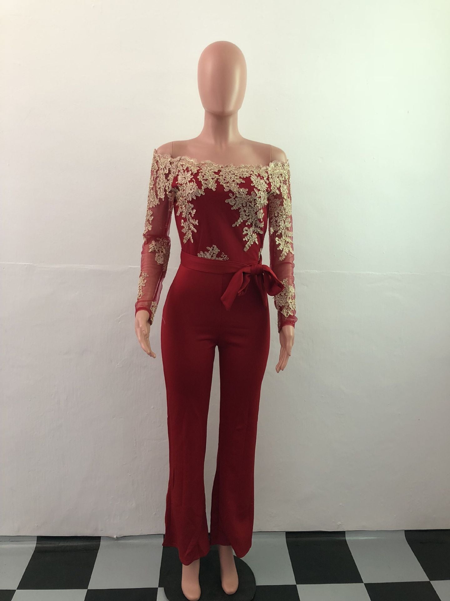 Women’s Lace Wide-Leg Jumpsuit – Elegant One-Shoulder Neck Casual Romper, European & American Style, 7 Colors