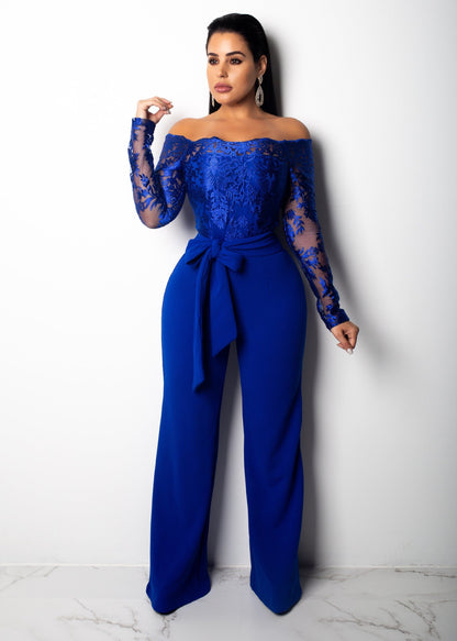 Women’s Lace Wide-Leg Jumpsuit – Elegant One-Shoulder Neck Casual Romper, European & American Style, 7 Colors