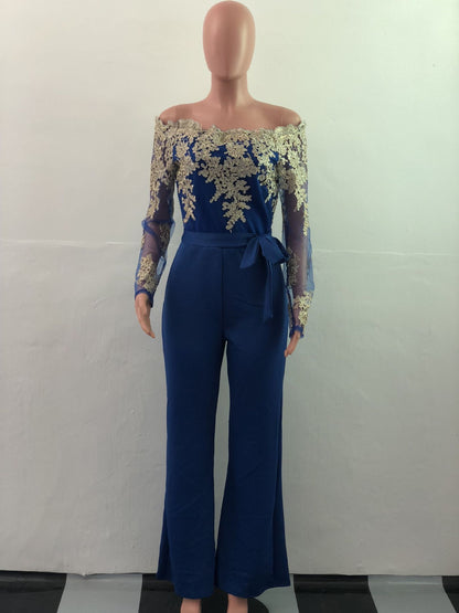 Women’s Lace Wide-Leg Jumpsuit – Elegant One-Shoulder Neck Casual Romper, European & American Style, 7 Colors