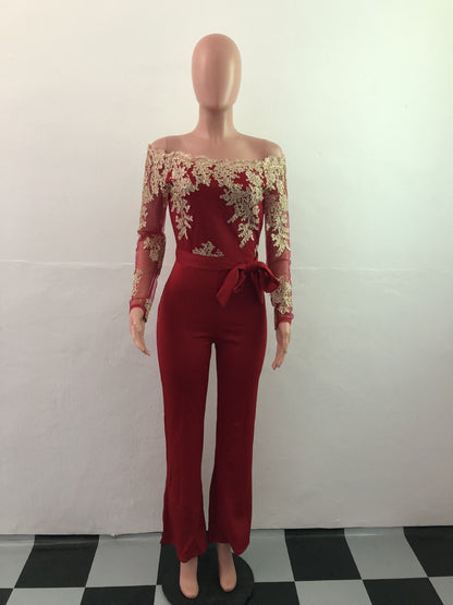 Women’s Lace Wide-Leg Jumpsuit – Elegant One-Shoulder Neck Casual Romper, European & American Style, 7 Colors