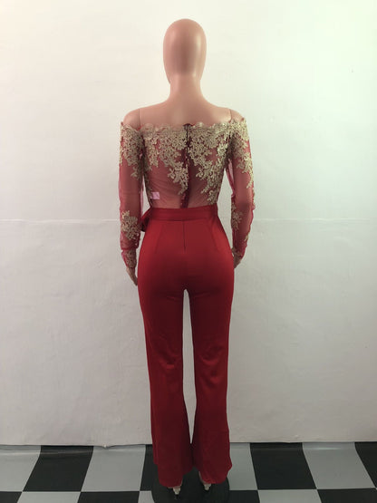 Women’s Lace Wide-Leg Jumpsuit – Elegant One-Shoulder Neck Casual Romper, European & American Style, 7 Colors