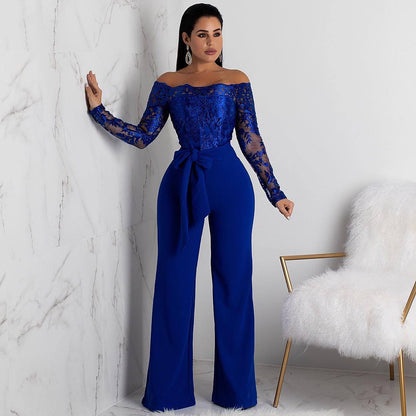 Women’s Lace Wide-Leg Jumpsuit – Elegant One-Shoulder Neck Casual Romper, European & American Style, 7 Colors
