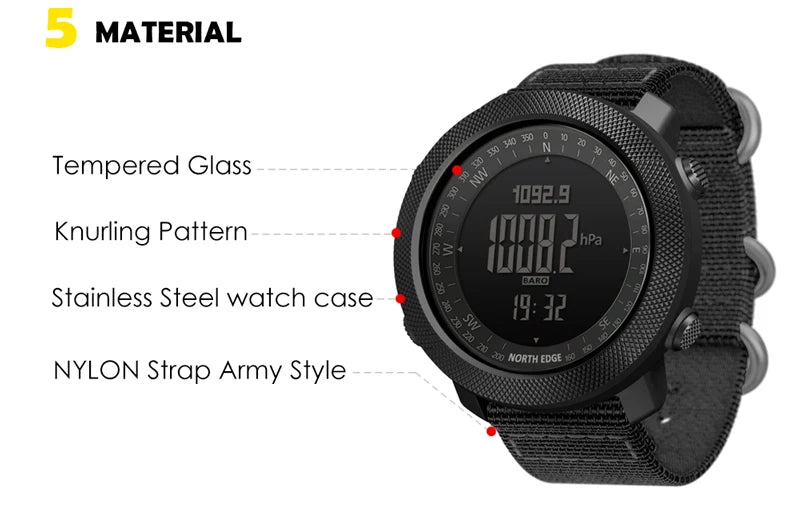 NORTH EDGE Men’s Outdoor Digital Sports Watch – Military-Style Altimeter, Barometer & Compass, 50M Waterproof