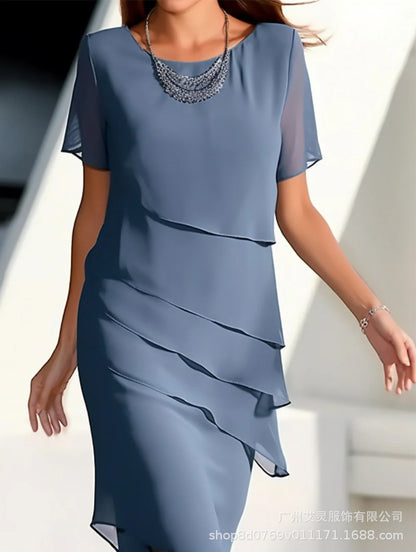 European and American Cross-Border Amazon Wish Export Women's Pure Color Short-Sleeved Glitter Ruffled Round Collar Casual Dress