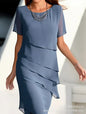 European and American Cross-Border Amazon Wish Export Women's Pure Color Short-Sleeved Glitter Ruffled Round Collar Casual Dress