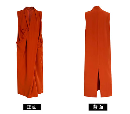 Luxi Elegant V-neck Sleeveless Kink Waist dress Women's Slimming Irregular High-end Hong Kong-style Long Skirt 3985