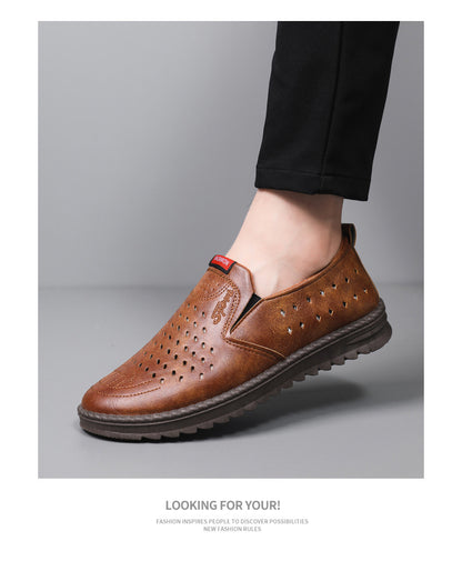 Men’s Breathable Leather Slip-On Shoes – Hollow-Out Perforated Summer Business Casual Loafers, Soft & Comfortable Low-Top Footwear