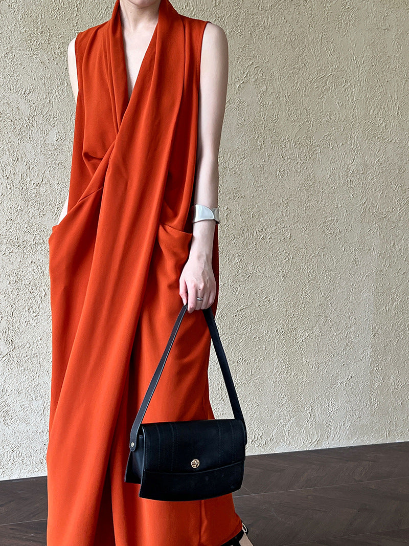 Luxi Elegant V-neck Sleeveless Kink Waist dress Women's Slimming Irregular High-end Hong Kong-style Long Skirt 3985