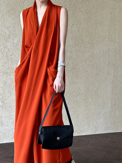Luxi Elegant V-neck Sleeveless Kink Waist dress Women's Slimming Irregular High-end Hong Kong-style Long Skirt 3985
