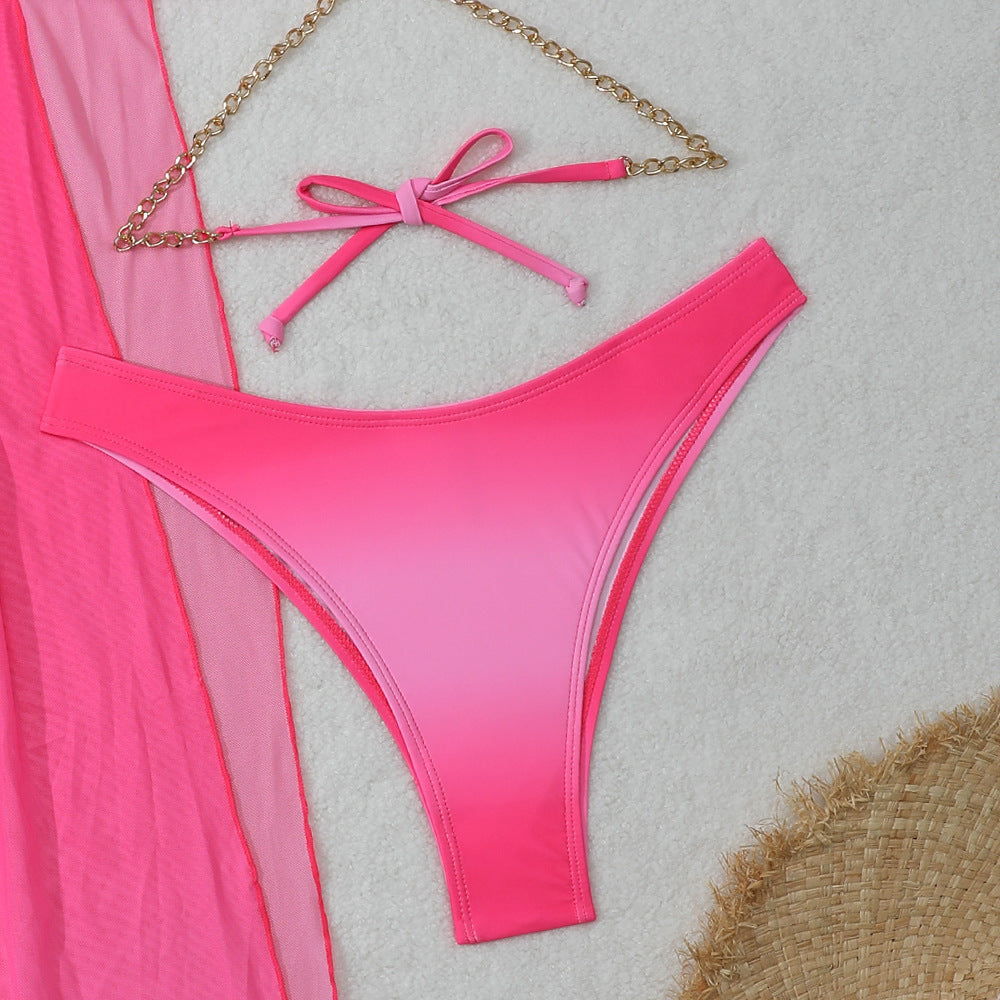 2025 European and American New Gradient Mesh Long Skirt Drawstring Strap Bikini Bikini Three-Piece Swimsuit Cross-Border