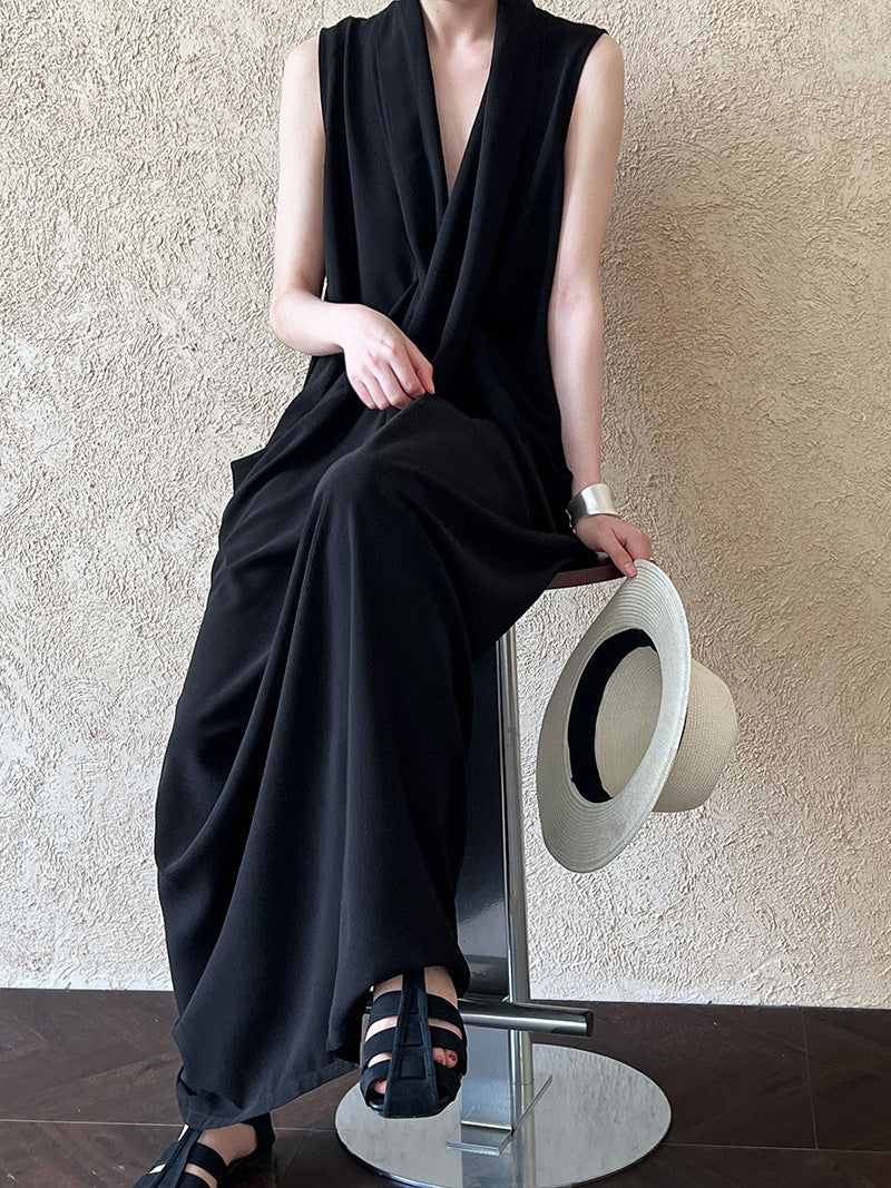 Luxi Elegant V-neck Sleeveless Kink Waist dress Women's Slimming Irregular High-end Hong Kong-style Long Skirt 3985