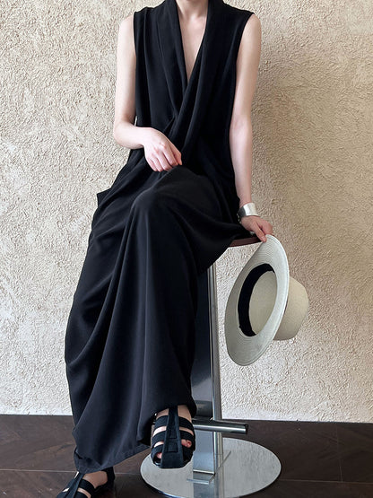 Luxi Elegant V-neck Sleeveless Kink Waist dress Women's Slimming Irregular High-end Hong Kong-style Long Skirt 3985