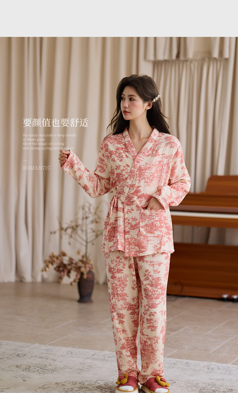 New Chinoiserie Pure Cotton Double-Layer Cotton Gauze Women's Pajamas Spring, Autumn and Summer Thin Long-Sleeved Lace-Up Home Clothes Set