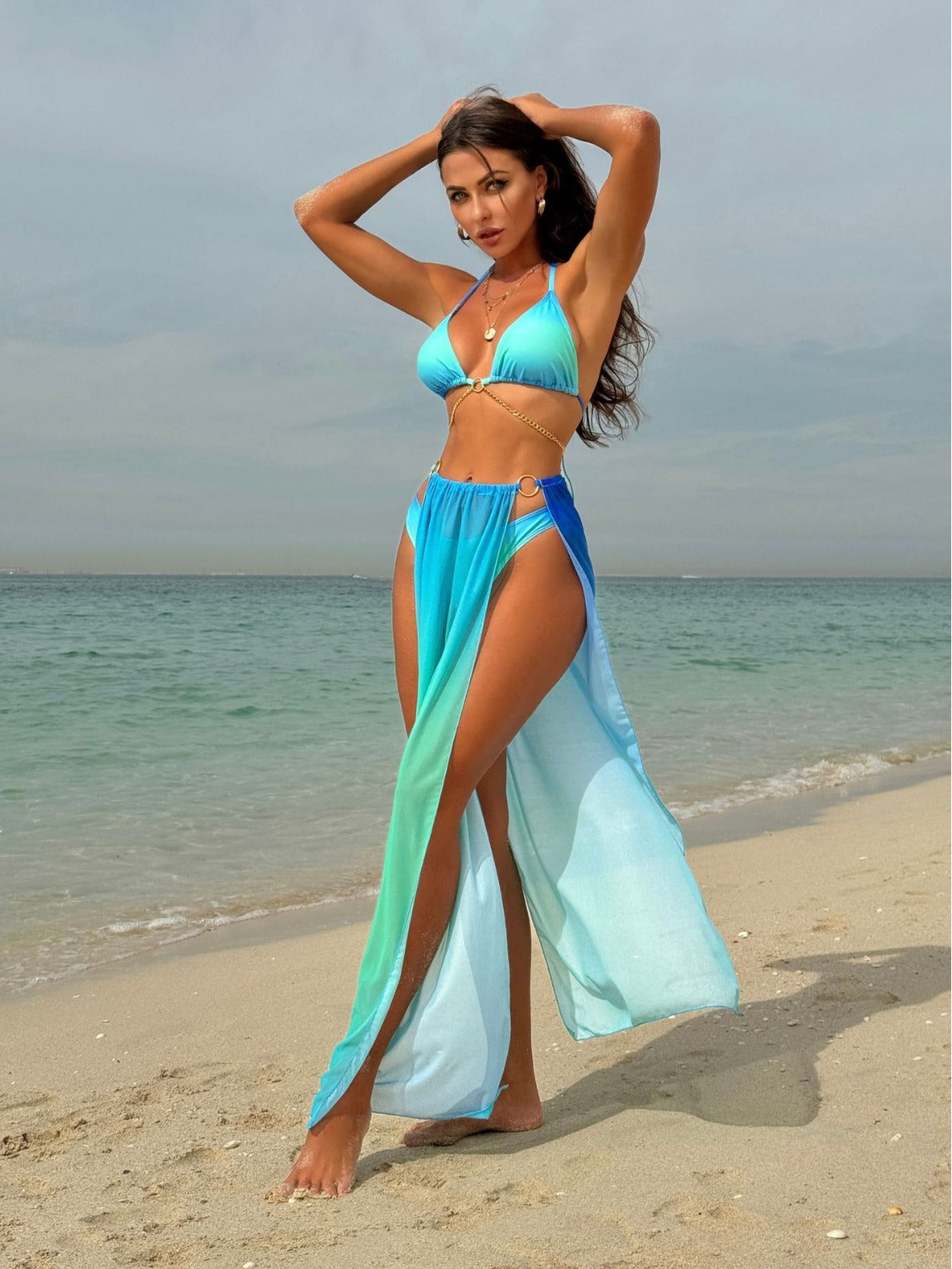 2025 European and American New Gradient Mesh Long Skirt Drawstring Strap Bikini Bikini Three-Piece Swimsuit Cross-Border