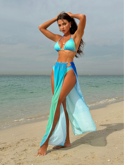 2025 European and American New Gradient Mesh Long Skirt Drawstring Strap Bikini Bikini Three-Piece Swimsuit Cross-Border