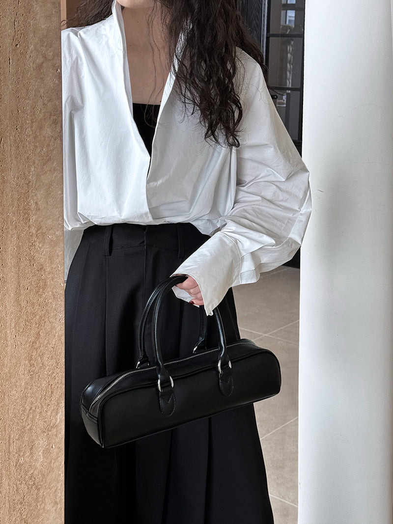 Luxi profile stacked stand collar deep V-neck white shirt Women's lazy batwing sleeve elegant large commuter shirt 9618