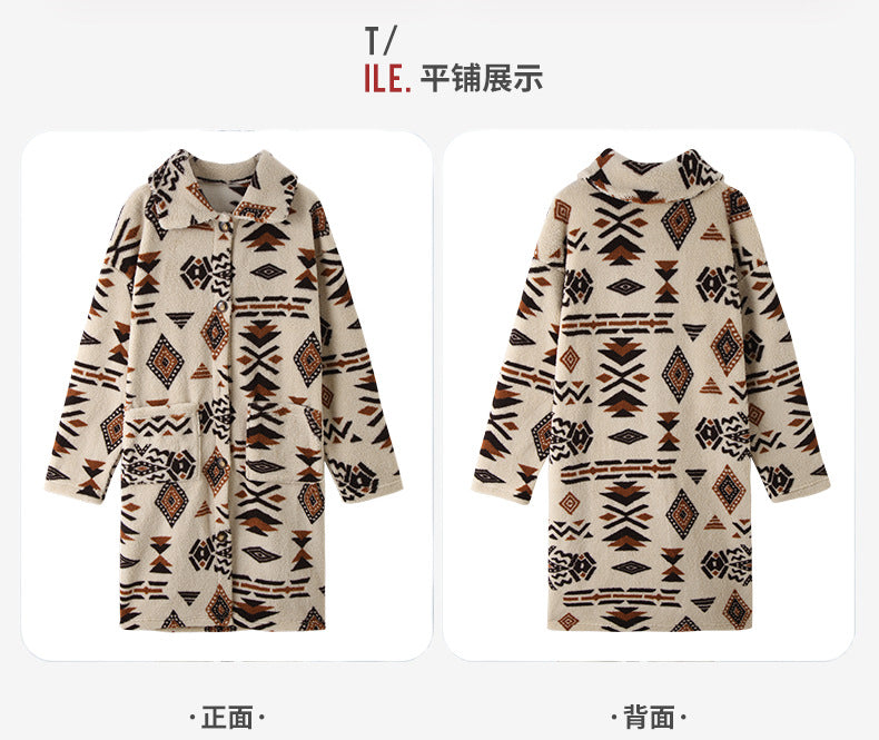 Flash velvet 2023 cross-border autumn and winter new European and American women's single-breasted ethnic style printed plush long coat coat