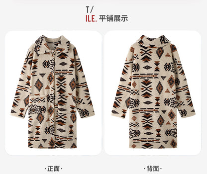 Flash velvet 2023 cross-border autumn and winter new European and American women's single-breasted ethnic style printed plush long coat coat