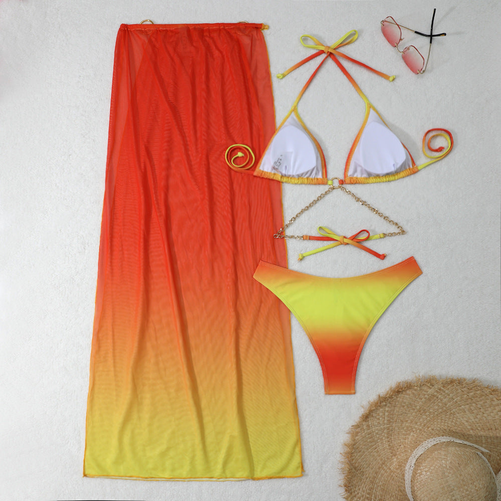 2025 European and American New Gradient Mesh Long Skirt Drawstring Strap Bikini Bikini Three-Piece Swimsuit Cross-Border
