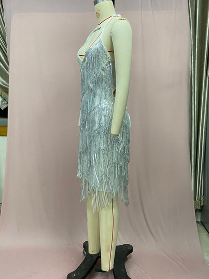 2025 Cross-Border European and American Independent Station New Direct Selling Halter Tassel Backless Hip-Covering A-Line High-Waisted Short Skirt Dress