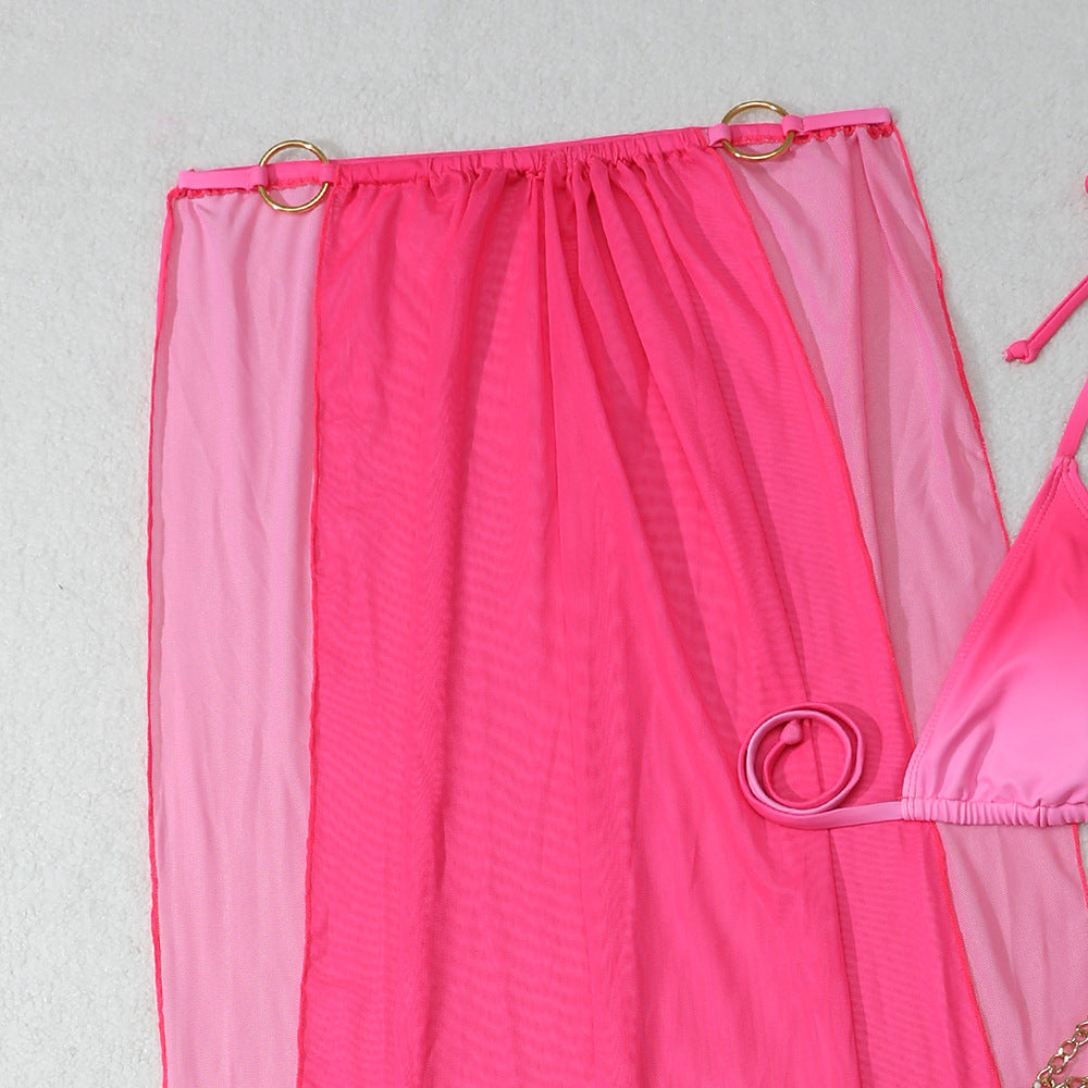 2025 European and American New Gradient Mesh Long Skirt Drawstring Strap Bikini Bikini Three-Piece Swimsuit Cross-Border