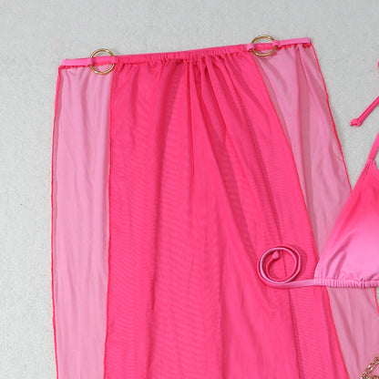 2025 European and American New Gradient Mesh Long Skirt Drawstring Strap Bikini Bikini Three-Piece Swimsuit Cross-Border
