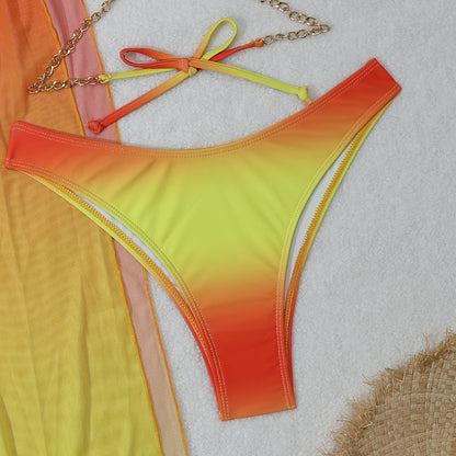 2025 European and American New Gradient Mesh Long Skirt Drawstring Strap Bikini Bikini Three-Piece Swimsuit Cross-Border