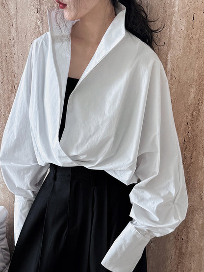Luxi profile stacked stand collar deep V-neck white shirt Women's lazy batwing sleeve elegant large commuter shirt 9618
