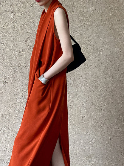 Luxi Elegant V-neck Sleeveless Kink Waist dress Women's Slimming Irregular High-end Hong Kong-style Long Skirt 3985